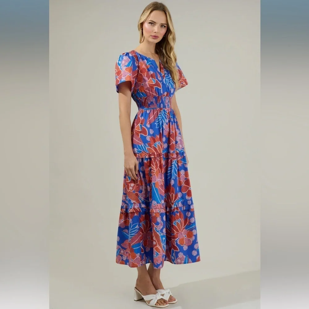 SugarLips Palmer Poplin Maxi Dress Blue Red - Picture 3 of 6